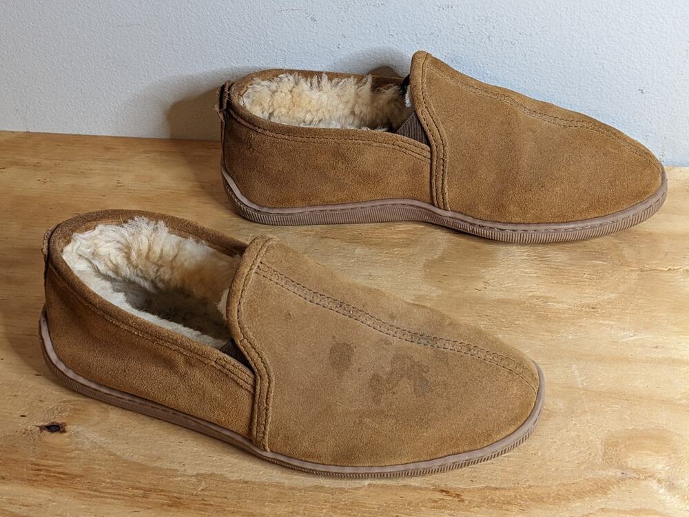 Minnetonka Twin Gore Sheepskin Moccasin Slipper Golden Tan Size 10